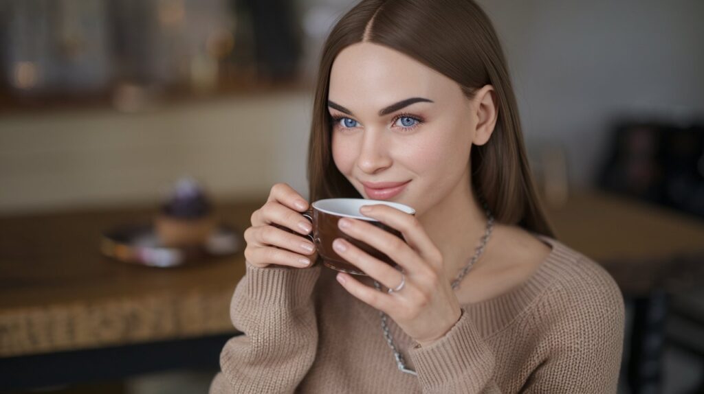 woman taking a java burd cup of coffee